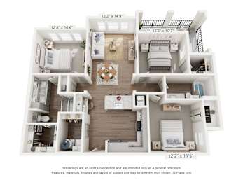 A 3D floor plan of a two-bedroom apartment.