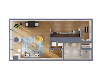 A top-down view of a living room with a couch, coffee table, and kitchen area.