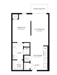 A floor plan of a home with a patio and balcony.
