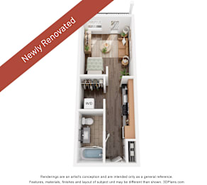 A 3D floor plan of a newly renovated apartment.