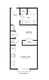 A floor plan of a small apartment with a bedroom, a bathroom, a kitchen, and a living area.
