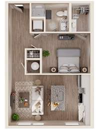 A top-down view of a small, neatly organized apartment with a bed, a desk, and a kitchenette.