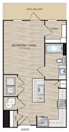 A floor plan of a one bedroom apartment with a living room and a bathroom.