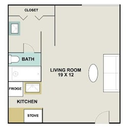 A floor plan of a living room that is 19 x 12.