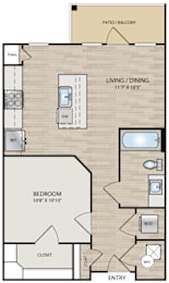 A floor plan of an apartment with a living room, dining room, bedroom, and bathroom.