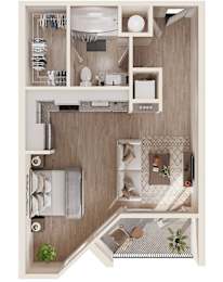 A top-down view of a small apartment with a kitchen, living room, and bathroom.
