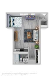 A floor plan of a small apartment with a kitchen, living room, and bathroom.