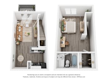a 2 bedroom floor plan with a bedroom and a living room