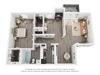 a 1 bedroom floorplan is shown in this rendering