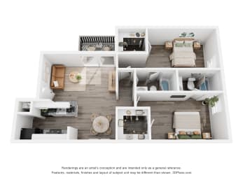 a stylized floor plan with a bedroom and a living room