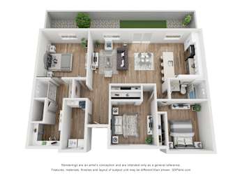 A 3D floor plan of a house with a living room, kitchen, and two bedrooms.