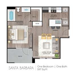 A floor plan of a one bedroom, one bath apartment in Santa Barbara.