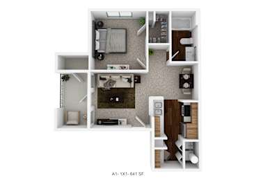 A 1x1-641 SF apartment layout with a living room, kitchen, and two bedrooms.