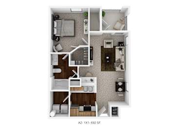 A 3D floor plan of a small apartment with labeled rooms.