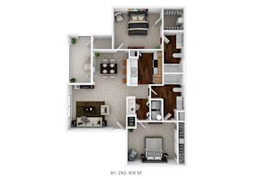A floor plan of a small apartment with a kitchen, living room, and two bedrooms.