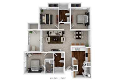A floor plan of a small apartment with a living room, kitchen, and two bedrooms.
