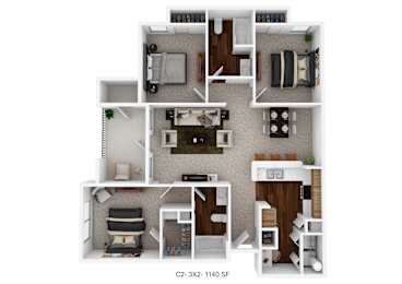A floor plan of a two-bedroom apartment with a living room, kitchen, and bathroom.