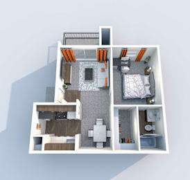 a 3d floor plan of a bedroom with a bathroom and a living room