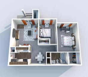 a 3d floor plan of a bedroom with a bathroom and a living room