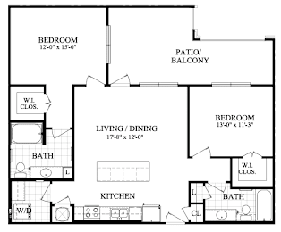 A floor plan of a home with two bedrooms, a living/dining area, a kitchen, and a bathroom.