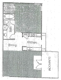 A floor plan of a house with a living room, dining room, kitchen, and bathroom.