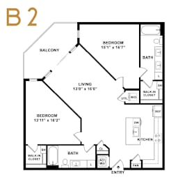 A black and white image of a floor plan for a B2 apartment.