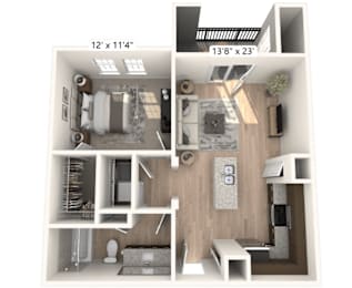 A 12 x 11.4 foot bathroom with a 13.8 x 23 foot kitchen.
