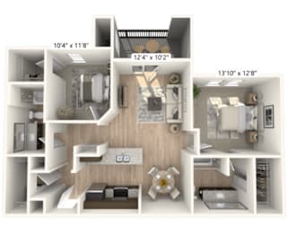 A 3D floor plan of a house with three bedrooms, a living room, a kitchen, and a bathroom.