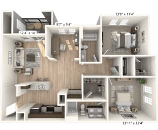 A 3D floor plan of a small apartment with a kitchen, living room, and bedroom.