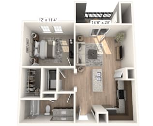 A 12x11.4" image of a room with a bed, a couch, a table, and a TV.