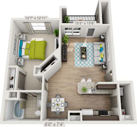 A 60x74 inch floor plan of a small apartment with a living room, kitchen, and bathroom.