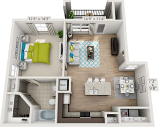 A 3D floor plan of a small apartment with a kitchen, living room, and bathroom.