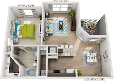 A 3D floor plan of a small apartment with a kitchen, living room, and bathroom.