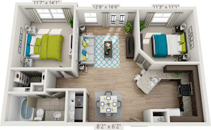 A 3D floor plan of a small apartment with two bedrooms, a living room, and a kitchen.