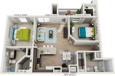 A 3D floor plan of a small apartment with a kitchen, living room, and bathroom.