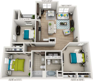 A 3D floor plan of a small apartment with dimensions and measurements.