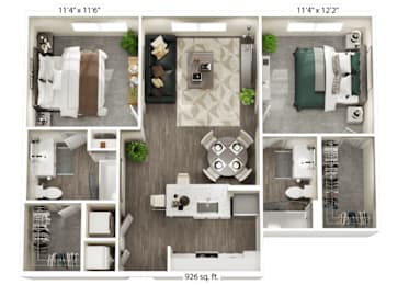 A floor plan of a 926 square foot apartment with three bedrooms, two bathrooms, and a living room.