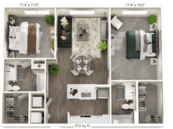 A floor plan of a 972 square foot apartment with two bedrooms, a living room, a kitchen, and a bathroom.