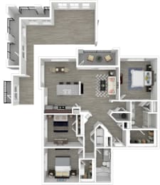 A detailed 3D floor plan of a house layout.