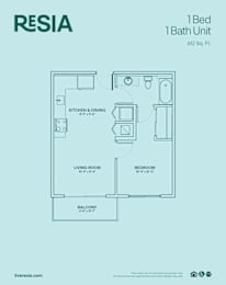 A floor plan for a 1 Bed 1 Bath Unit at RESIA, showing the layout of the kitchen, living room, bedroom, and bathroom.