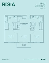 A floor plan for a 2 bedroom, 2 bathroom unit that is 868 square feet.