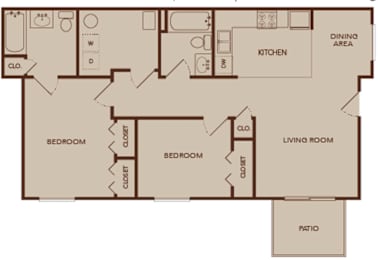 A floor plan of a house with a kitchen, dining area, living room, and patio.