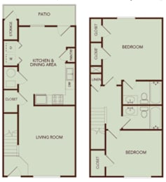 A floor plan of a house with two bedrooms, a living room, a kitchen, a dining area, a patio, and a storage area.
