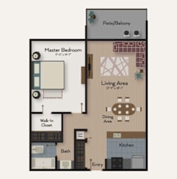 A floor plan of a small apartment with a master bedroom, living area, kitchen, and bath.