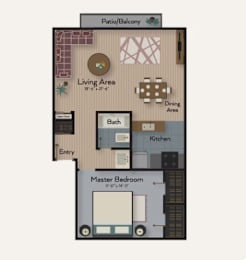 A floor plan of a house with a living area, dining area, kitchen, bath, and master bedroom.
