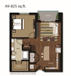 Apartment floor plan with a bedroom, bathroom, closet, living room, dining room, kitchen, pantry, and balcony.