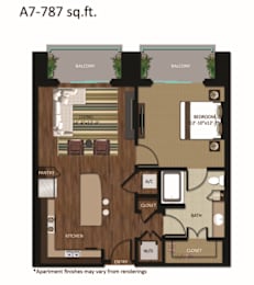 A floor plan of an apartment with a living room, kitchen, pantry, bathroom, and two bedrooms.