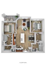 A floor plan of a small apartment with a living room, bedroom, and bathroom.