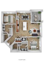 A floor plan of a two-bedroom apartment with a living room, kitchen, and bathroom.