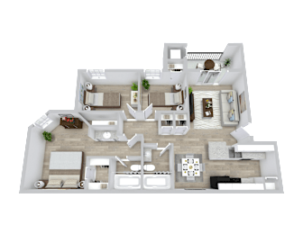 A 3D floor plan of a house with multiple rooms and furniture.
